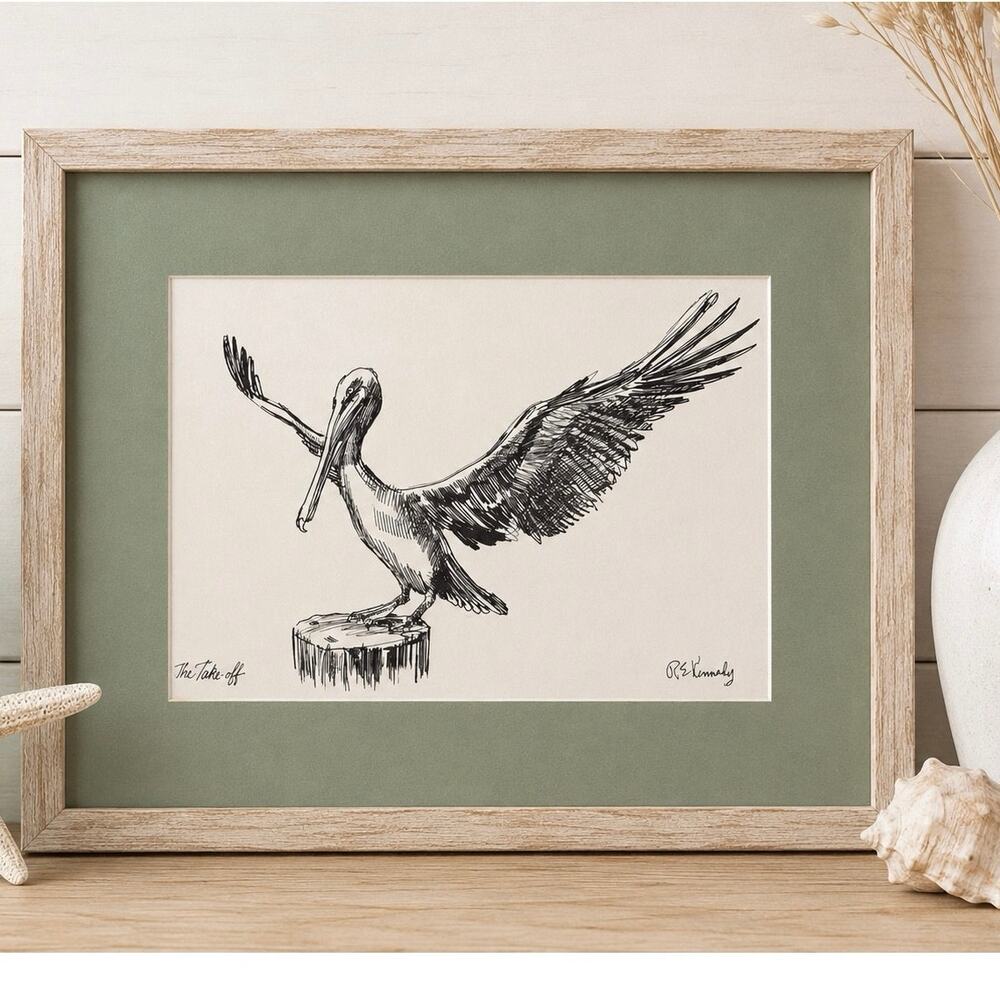 R.E. Kennedy The Take-Off Vintage Pelican Art Print Drawing Coastal Home Decor